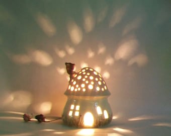 Night Light/ Fairy House -Pink Roof, Mushroom with Starry Sky - Hand Painted - Ready to Ship - Childrens Lamp / Nursery Light
