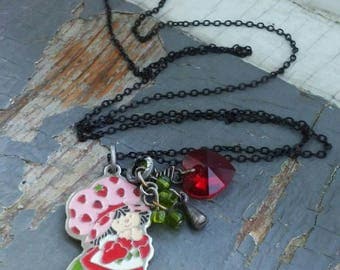 Strawberry Shortcake - vintage 80s metalwork and enamel charm, faceted crystal heart & glass beaded necklace