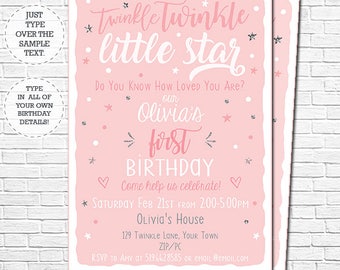 Twinkle Twinkle Little Star Birthday Invitation - Girl 1st Birthday Invitation - Instant Download & Personalize in Adobe Reader at home