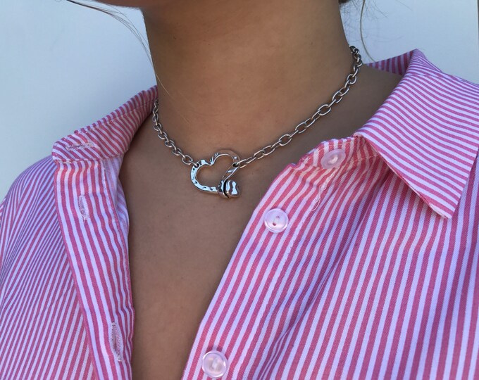 Chain necklace, silver choker, silver necklace, choker necklace, necklace choker, uno de 50, silver plated necklace, heart choker