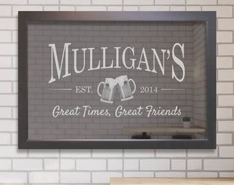 Personalized Bar Mirror (Beer Mugs): Large Custom Engraved Bar Mirror, Large Bar Mirror, Etched Bar Mirror, Home Bar, Engraved Home Bar