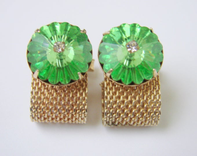 1960s Mid Century Green Rivoli Rhinestone Mesh Wrap Cufflinks / Retro Mens Jewelry / Suit Accessories