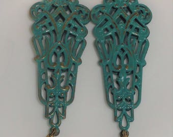 Art Nouveau Ornate Filigree Verdigris Patina & Blue Rivoli Rhinestone Drop Pierced Dangle Earrings