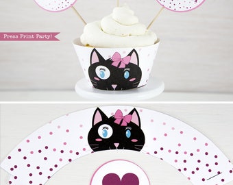 Cat Party Cupcake Toppers and Wrapper Printable, Cat Cupcake Wrapper, Cat Cupcake Toppers, Kitten birthday, Kitty Cat birthday, Girl Party