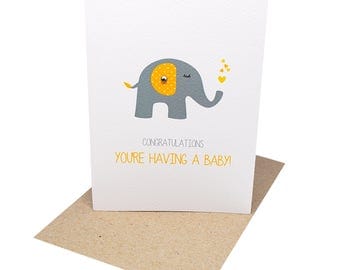 Pregnancy Card - You're Having a Baby - Grey and Yellow Elephant with Hearts - BBY004 / Congratulations You're Pregnant