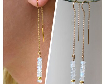 Long Minimal Earring, Moonstone Earrings, gold Threader Earrings, Linear earrings, June Birthstone, Sweeper Earrings, Duster Earrings