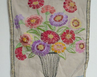 Vintage-Colorful Hand Embroidered Zinnias in Vase 15 x 19