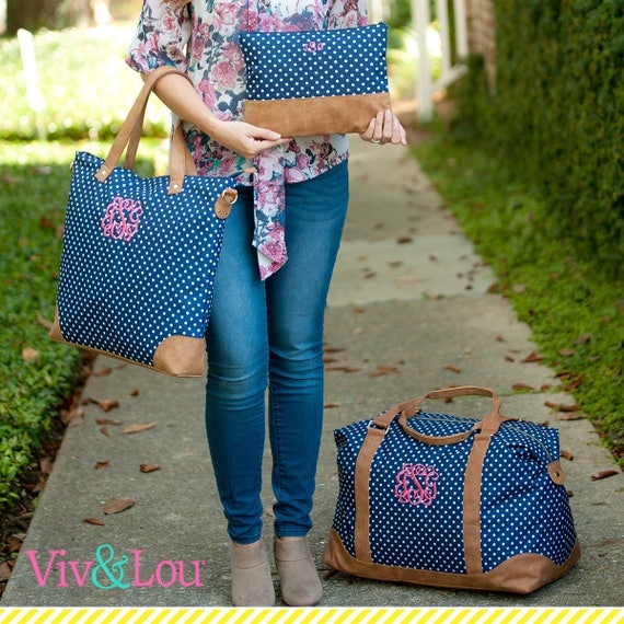 Monogram Luggage Embroidered Travel Set Navy Polkadot Duffle