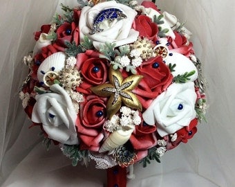 Beach Wedding Bridal Flower Bouquet-Beach Bride's Flowers-Red-White-Navy-Nautical Wedding Flower Brooch Bouquet-Seashell Wedding-Starfish