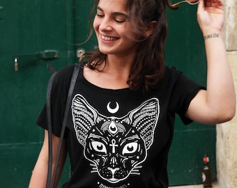 Sphynx cat shirt - Pastel goth shirt - Moon child shirt, Aesthetic shirt, Yoga shirt, Soft grunge, Space cat shirt