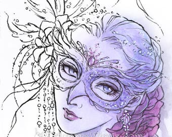 Digital Stamp - Masquerade Owl Mask - Instant Download - Woman in Mask, Beads, Roses -Line Art for Cards & Crafts by Mitzi Sato-Wiuff