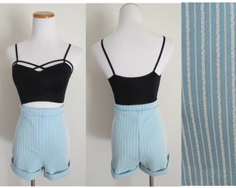 1960s Shorts Blue High Waisted Short Pastel Striped 1960s Mod Size Medium Large Stretchy High Rise 1970s 70s Campus Casuals