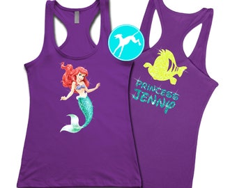 Mermaid Ariel Glitter Disney Flounder Tank Shirt custom name princess vacation Top back fitness kids dri fit toddler baby girls youth