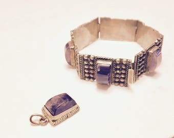 Vintage Amethyst and Sterling Silver Bracelet and Pendant Set - Mexico 1950's