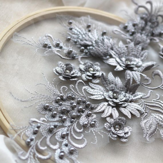 3D Flowers Lace Applique Beaded and Embroidered Appliqué