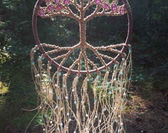 Tree of Life Macrame Wall Hanging - Bohemian Bedroom Decor - Made with Hemp and Glass Beads - 10 Inch Hoop - Free US Shipping