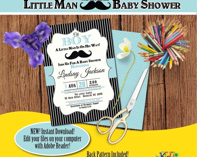 Little man Baby Shower Invitation-Edit Files yourself Instantly-Mustache Baby shower Invite-Little Gentleman-DIY Editable Invitation-B-103