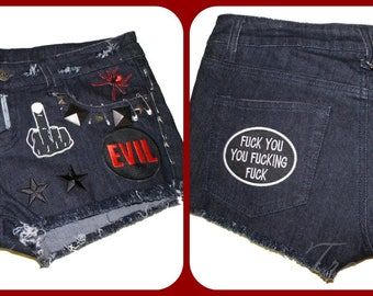 Gothic punk MISFIT studded distressed attitude cut off denim shorts HOT PANTS booty shorts