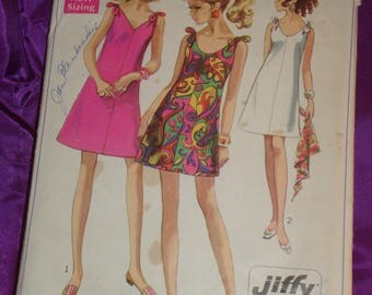 1960s 60s Vintage Mod A Line Dress V or Round Neck Tie Shoulders Mini or Above Knee CMPLT Simplicity Pattern 7671 Bust 34 US 87 Metric EASY