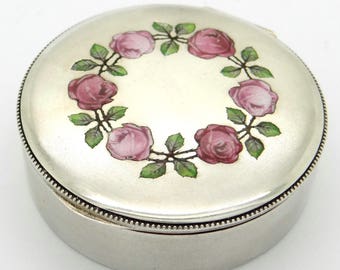 Edwardian Style Enamel Pill Box, Round Lidded Silver Tone Box with Enamel Rose Flowers Ornament, Alpaca Mid Century Hinged Trinket Box