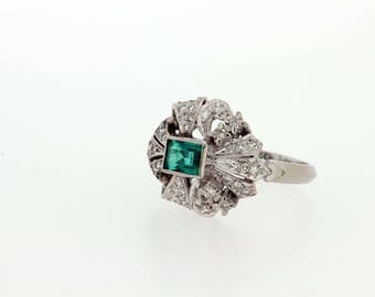 Platinum Diamond and Emerald Ring