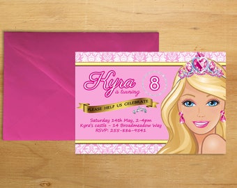 BARBIE Princess Birthday Invitation Digital Printable 5x7 Party Girls Invite Invites Custom Pink Gold Personalized Royal Diamonds Jewels