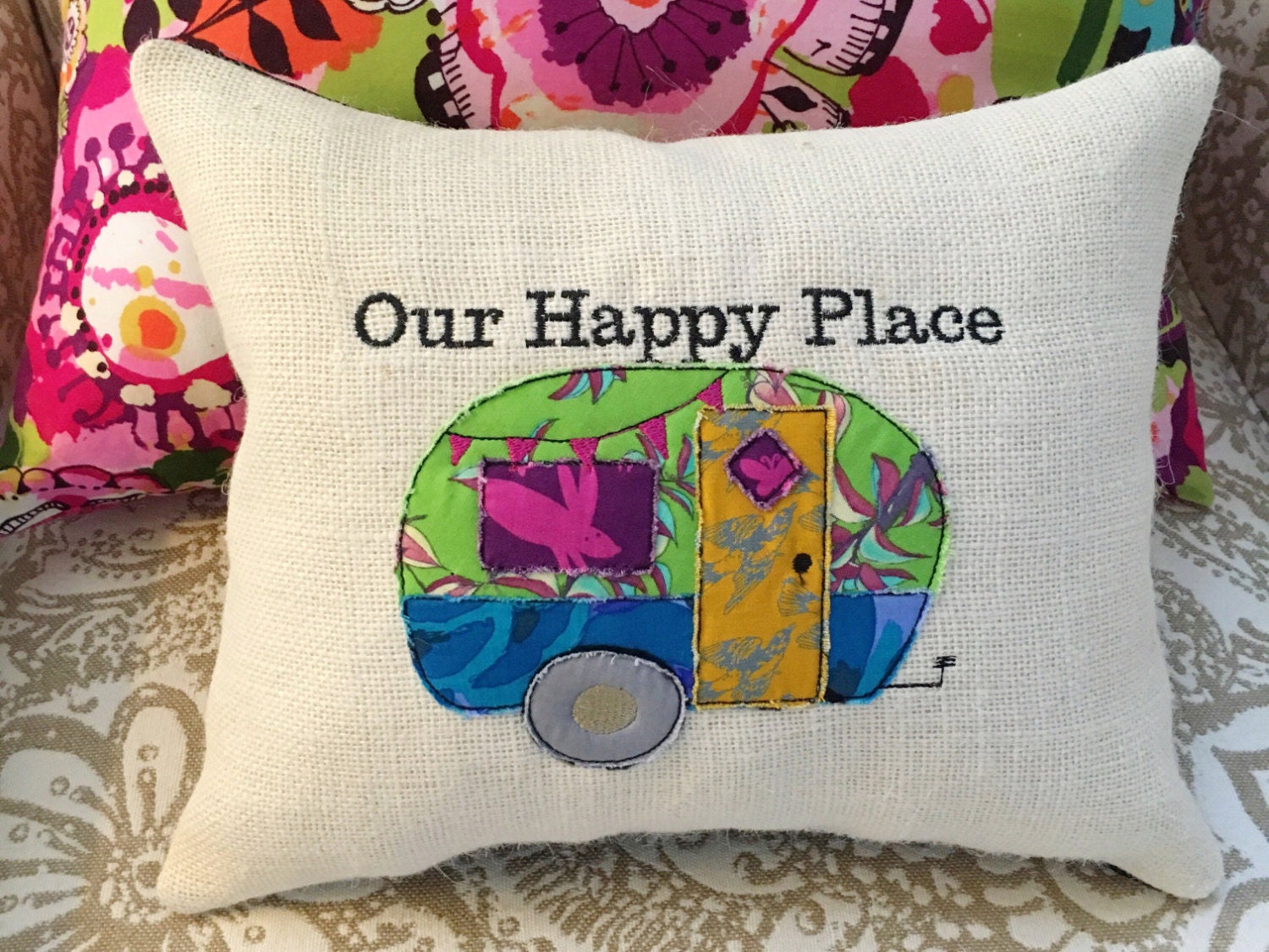 Camping Decor Rustic RV Throw Pillow Our Happy Place Words