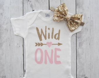 Wild One Birthday Onesie - tribal, arrow heart, gold glitter and pink, wild one shirt, first birthday shirt, wild one girl, gold bow