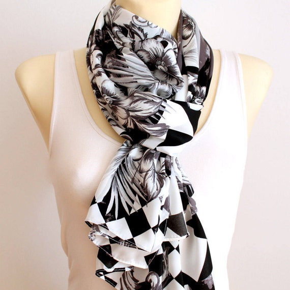 Black and White Scarf Large Satin Scarf White Black Scarves