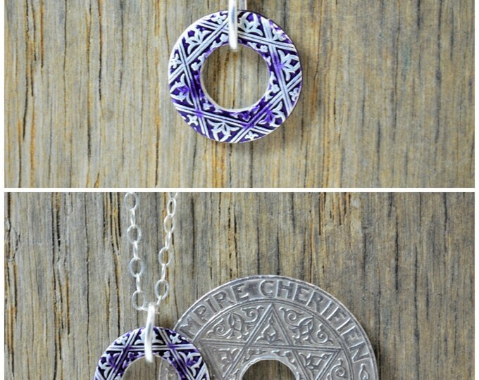 Moroccan Coin Necklace, Purple Coin Necklace, Coin Art, Morocco, Silver Coin, Moroccan Art, Boho Necklace, Two-Sided, Coin Charm, Charm