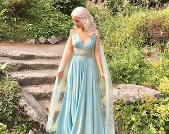 Game of Thrones Costume - Daenerys Qarth Dress - Blue with Belt and Cape - Khaleesi Gown Cosplay