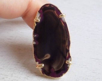 Agate Ring, Purple Brown Agate Slice Ring, Sliced Agate Ring, Geode Crystal Ring, Large Gemstone Ring, Gold Adjustable Statement Ring, 9-43
