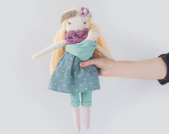 Rag cloth doll mama with baby, Baby wearing doll, Mother with Baby in Sling Doll, homemade doll toys set, mother and baby, dollmaker jumata