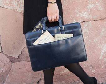 80's dark royal blue double zipper briefcase vintage handbag