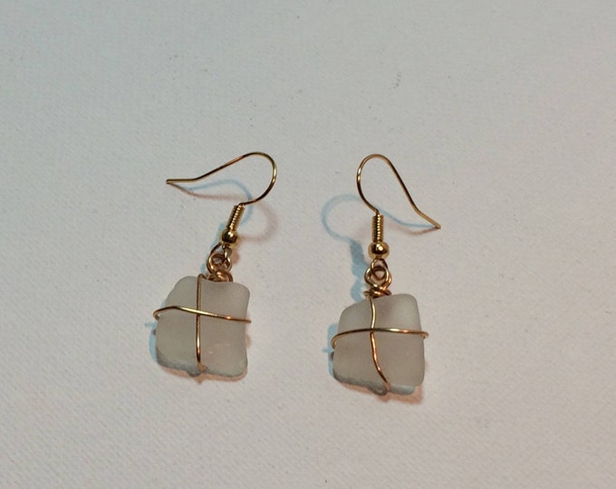 Cute tiny pieces of white beach glass earrings gold color wire wrap