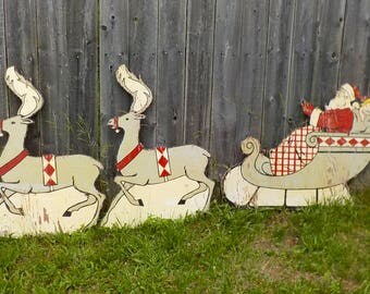 3 Pc Set Mid Century Christmas Yard Art Vintage Santa On Sleigh and 2 Reindeer Weathered Crackled Chippy Paint Hand Made Folk Art 36" Tall