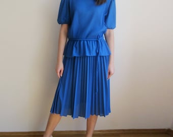vintage 70s 80s Cobalt Blue secretary pleated peplum day dress S M