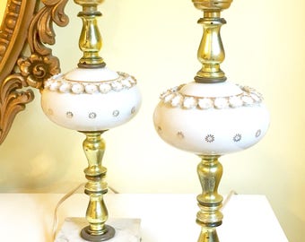 Vintage Pair of Porcelain Lamps, White & Gold, Marble Base, Table Lamps, French Style, 1950's Boudoir