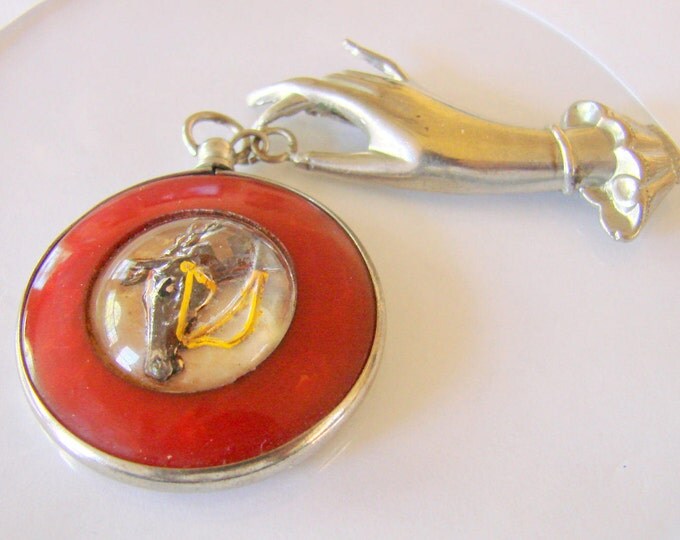 Vintage Celluloid Red Horse Pendant Brooch Hand Motif Convex Photo Cover Equestrian Jewelry Jewellery