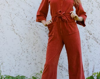 VTG 70's Orange Velvet Velour Jumpsuit Disco Flare Hippie Boho 1970's Strech