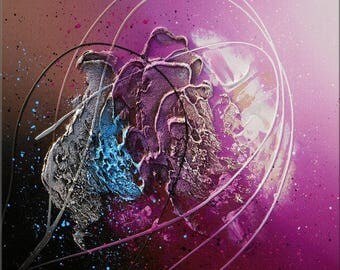 Abstract contemporary textured acrylic painting canvas "WAVES" Black pink purple silver white blue brown tableau abstrait contemporain