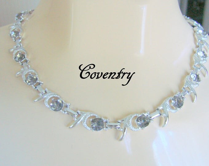 Vintage Sarah Coventry Smoky Gray Rhinestone Necklace / Choker Necklace / Silver Tone / Designer Signed / Jewelry / Jewellery
