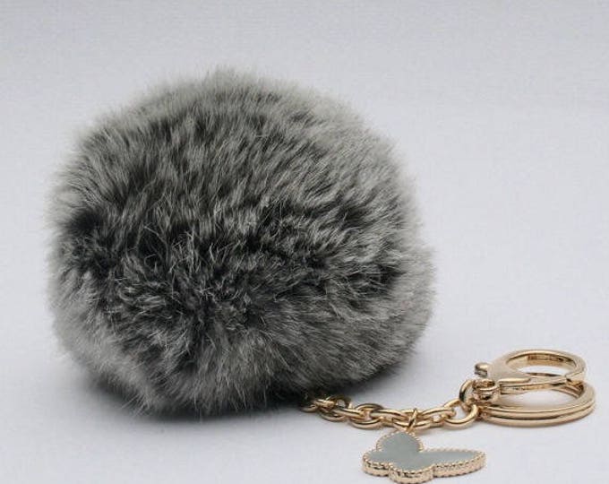 Butterfly Collection Natural Gray fur pom pom keychain REX Rabbit fur pom pom ball with butterfly charm