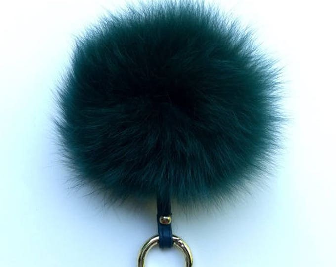 Fox Fur bag charm, fur pom pom keychain, fur ball keyring purse charm Emerald