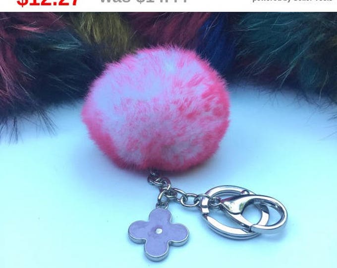 New! Summer Collection White Pink Frost fur pom pom keychain bag charm flower clover keyring