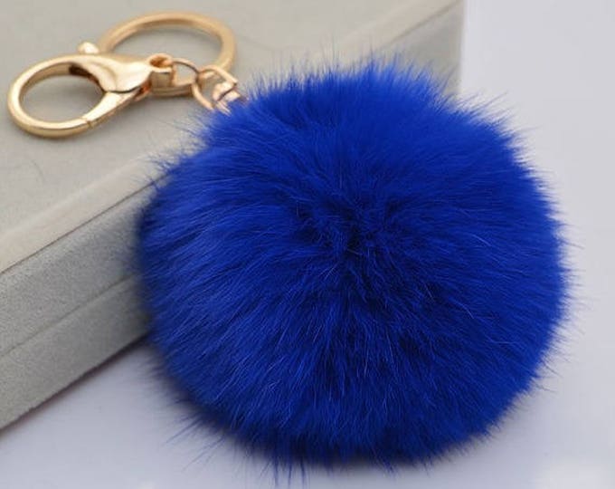 Navy Fur ball charm pom pom keychain for car key ring Bag Charm Pendant