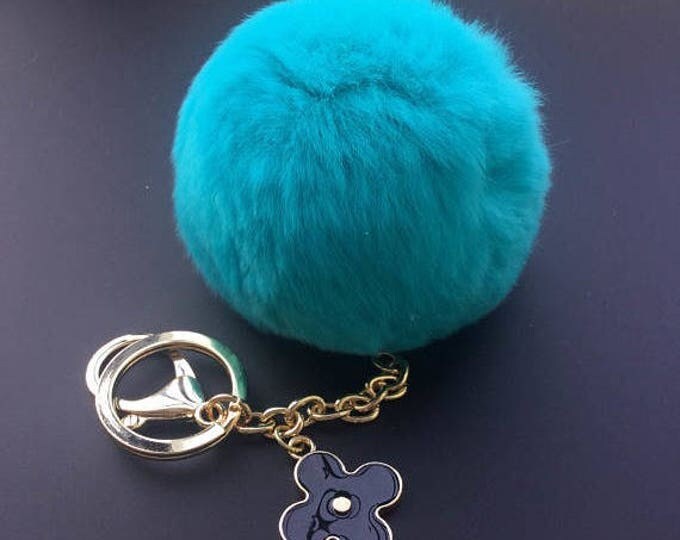 Aqua Blue Rabbit fluffy ball furkey fur ball pom pom keychain for car key ring Bag Pendant
