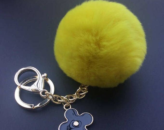 Yellow Genuine Rabbit fluffy ball furkey fur ball pom pom keychain for car key ring Bag Pendant
