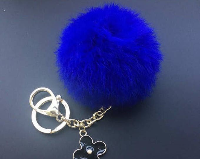 Royal Blue Genuine Rabbit fluffy ball furkey fur ball pom pom keychain for car key ring Bag Pendant