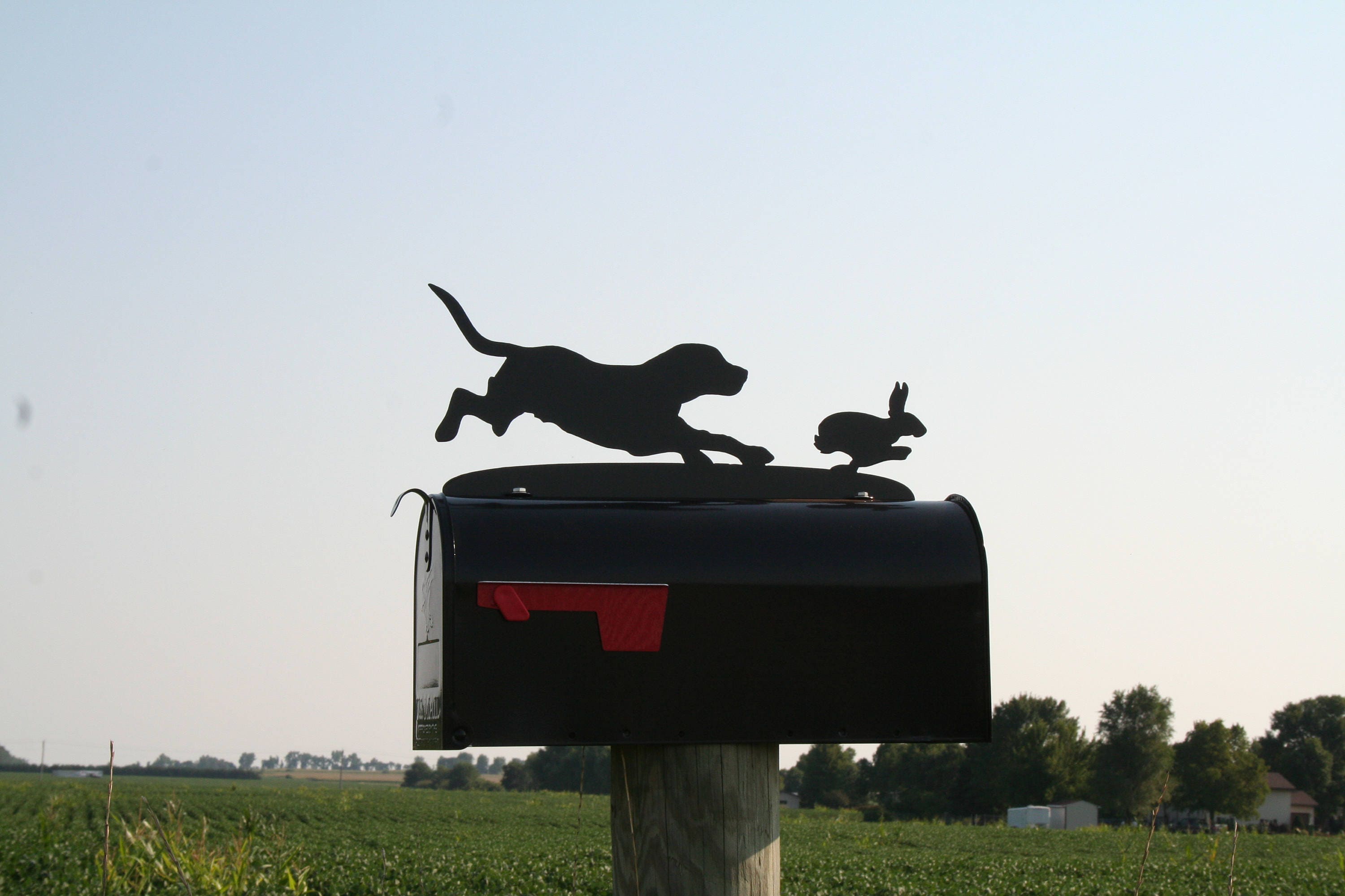 Beagle Chasing Rabbit Mailbox Topper, Metal Dog Mailbox Topper, Hunting
